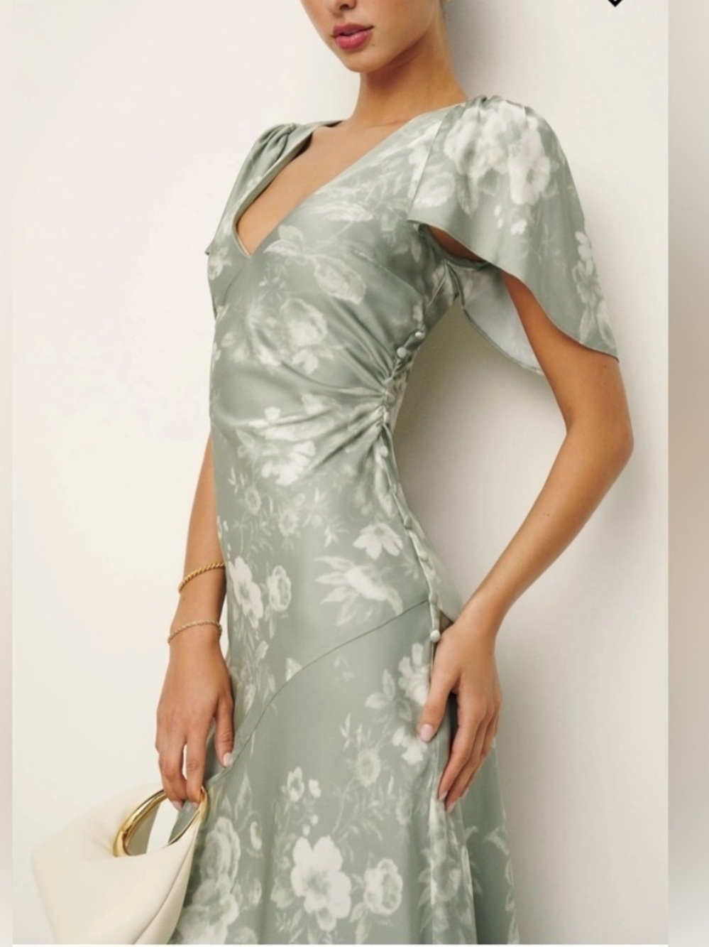 Reformation Vida Satin Maxi Dress | Vendela Floral Print Sage Ivory | Size 0 - Picture 4 of 16